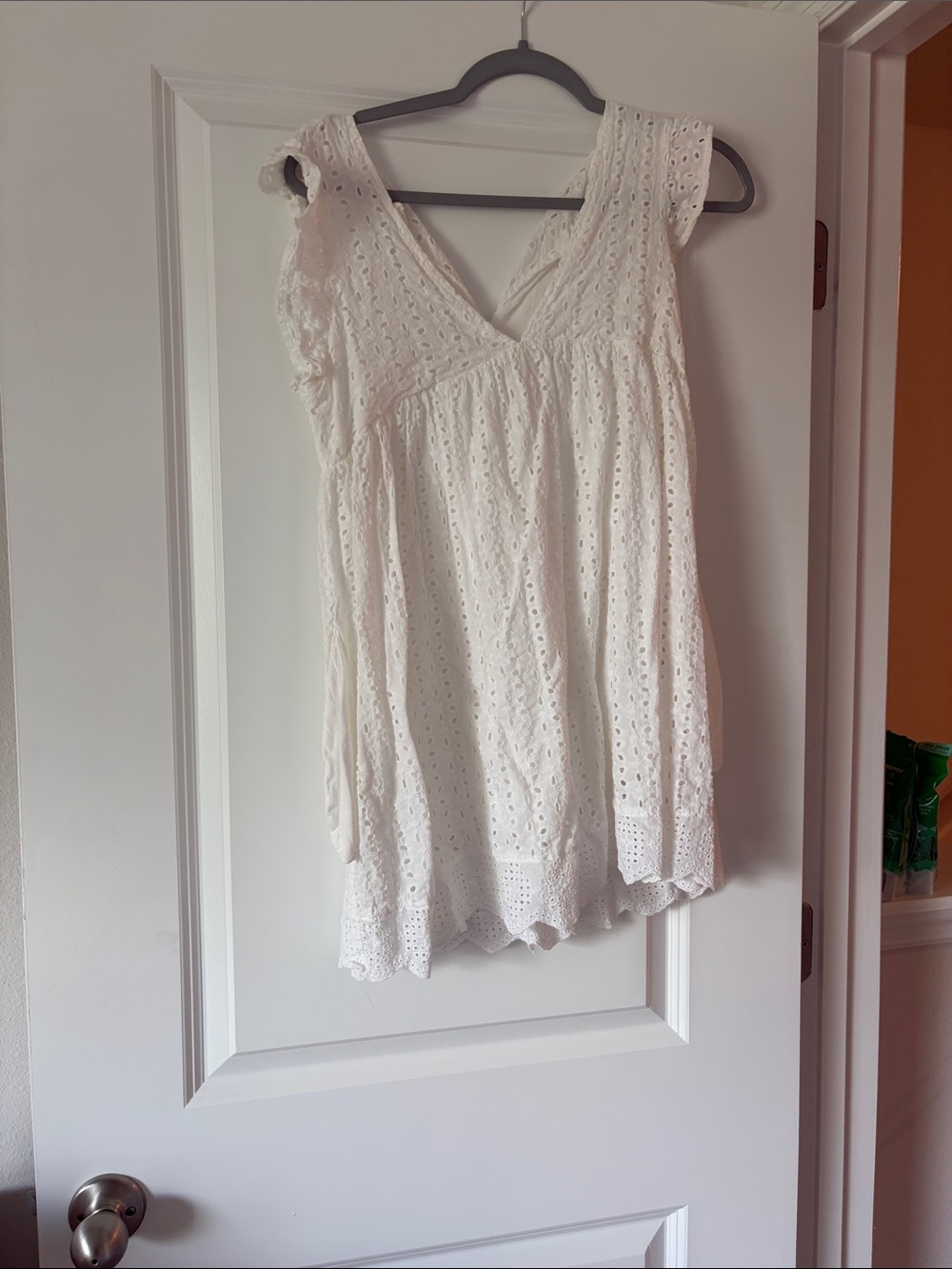 White Eyelet V-Neck Women's Dress